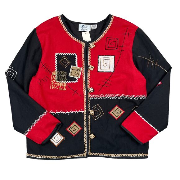 VTG Patchwork Embroidered Top Sz M Red Black Long Sleeve Funky Abstract Linen - Picture 2 of 13